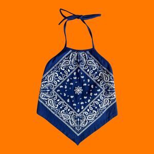 00's vintage blue paisley bandana open back halter y2k tank top SMALL